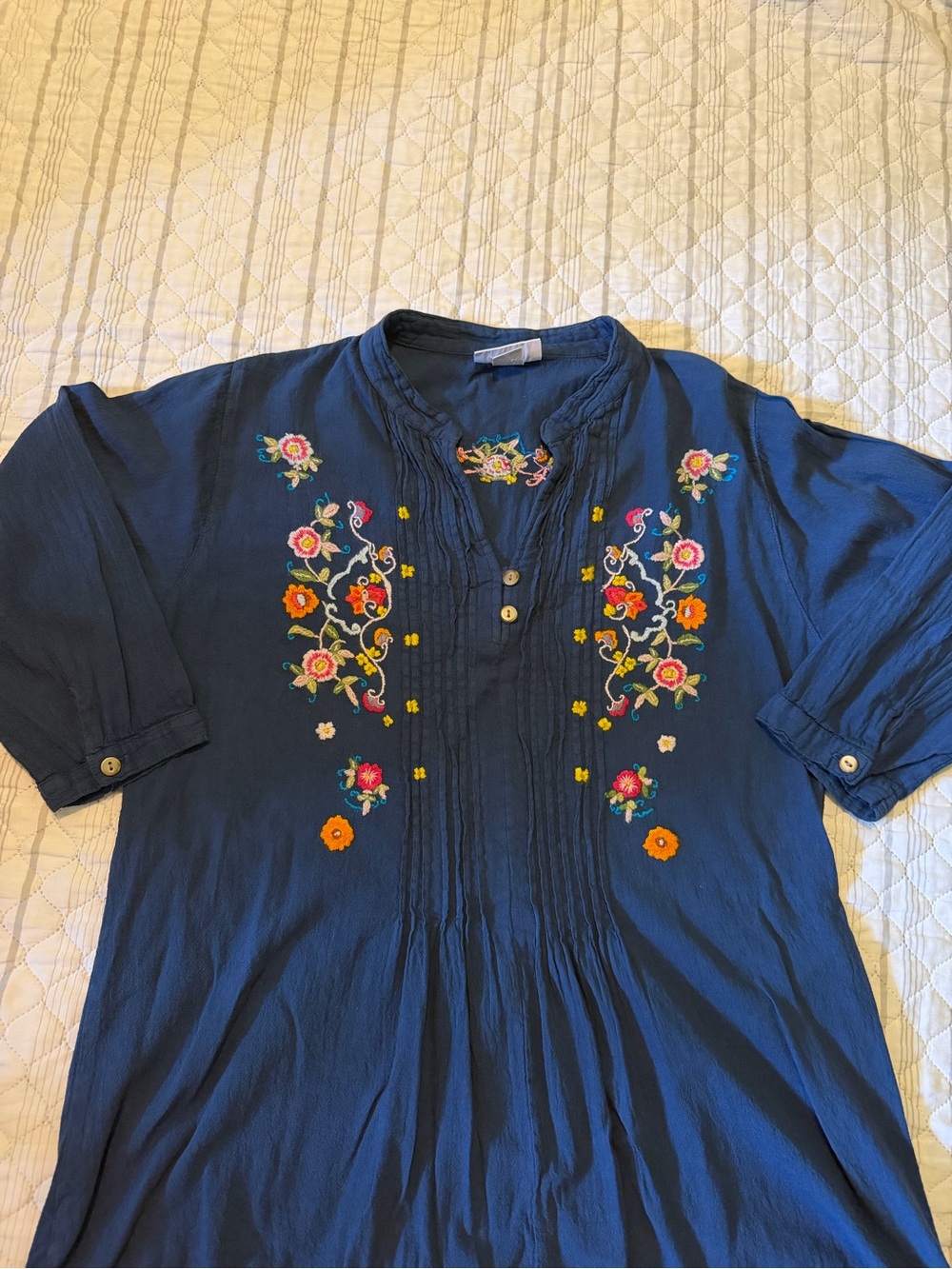 Women's Navy Embroidered Tunic Top with Floral Detail
